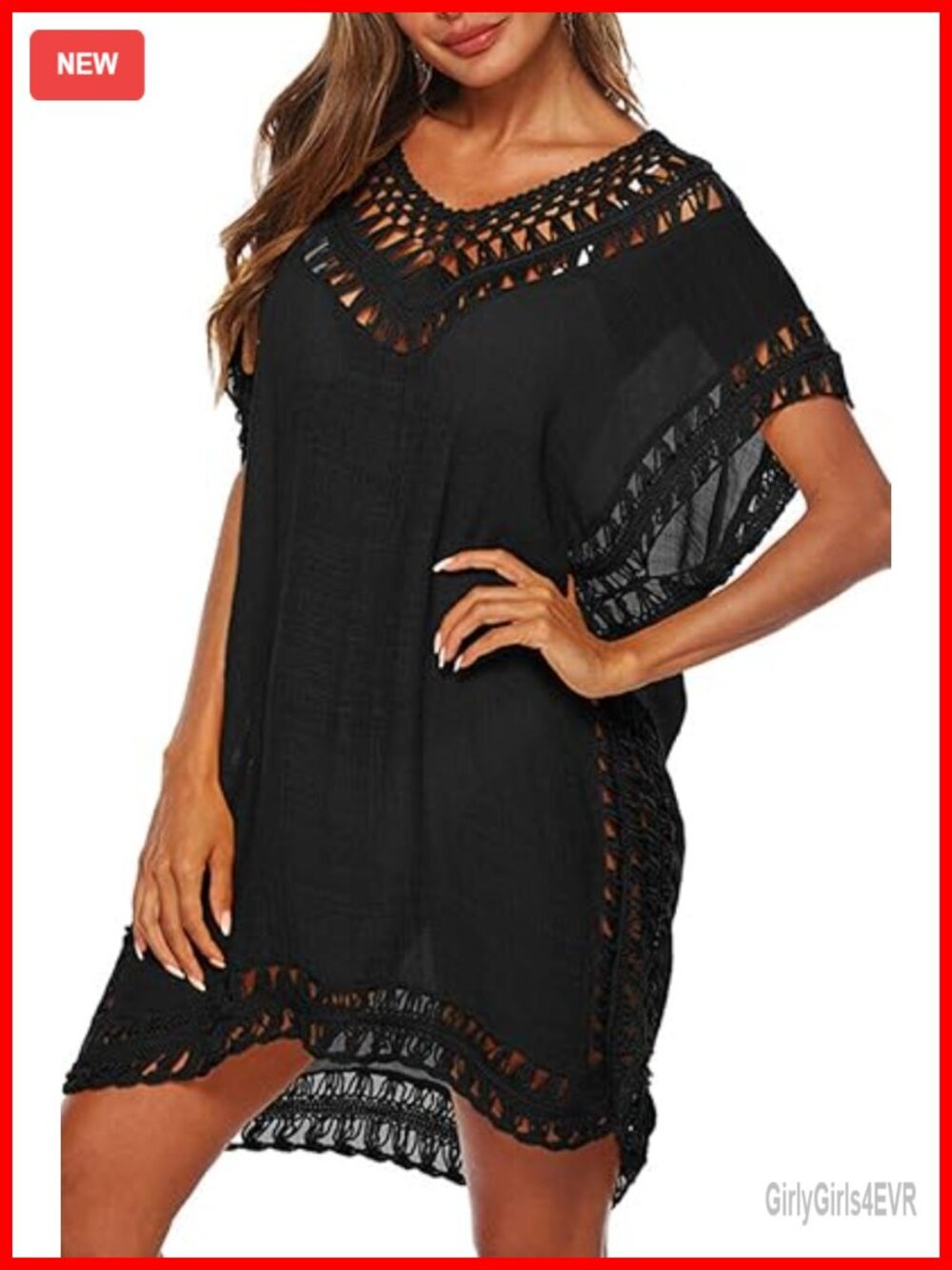 Crochet Chiffon Beach Cover Up Tassel Hem Loose Fit Swimwear